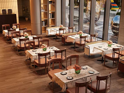 Bright Restaurant Interior With Neatly Arranged Dining Tables Chairs And Flower Vases 3d model