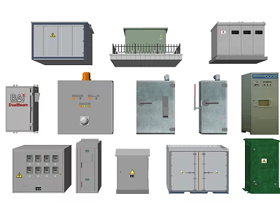 Various Industrial Electrical Control Boxes and Distribution Panels with Metal Enclosures for Power Systems 3d model