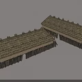 Two Traditional Thatched Roof Buildings With Curved Tops And Wooden Supports