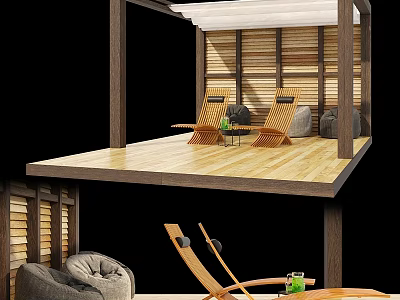 Outdoor Garden Nook With Wooden Platform Slat Walls Recliner Chairs And Stone Cushions 3d model