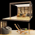 Outdoor Garden Nook With Wooden Platform Slat Walls Recliner Chairs And Stone Cushions