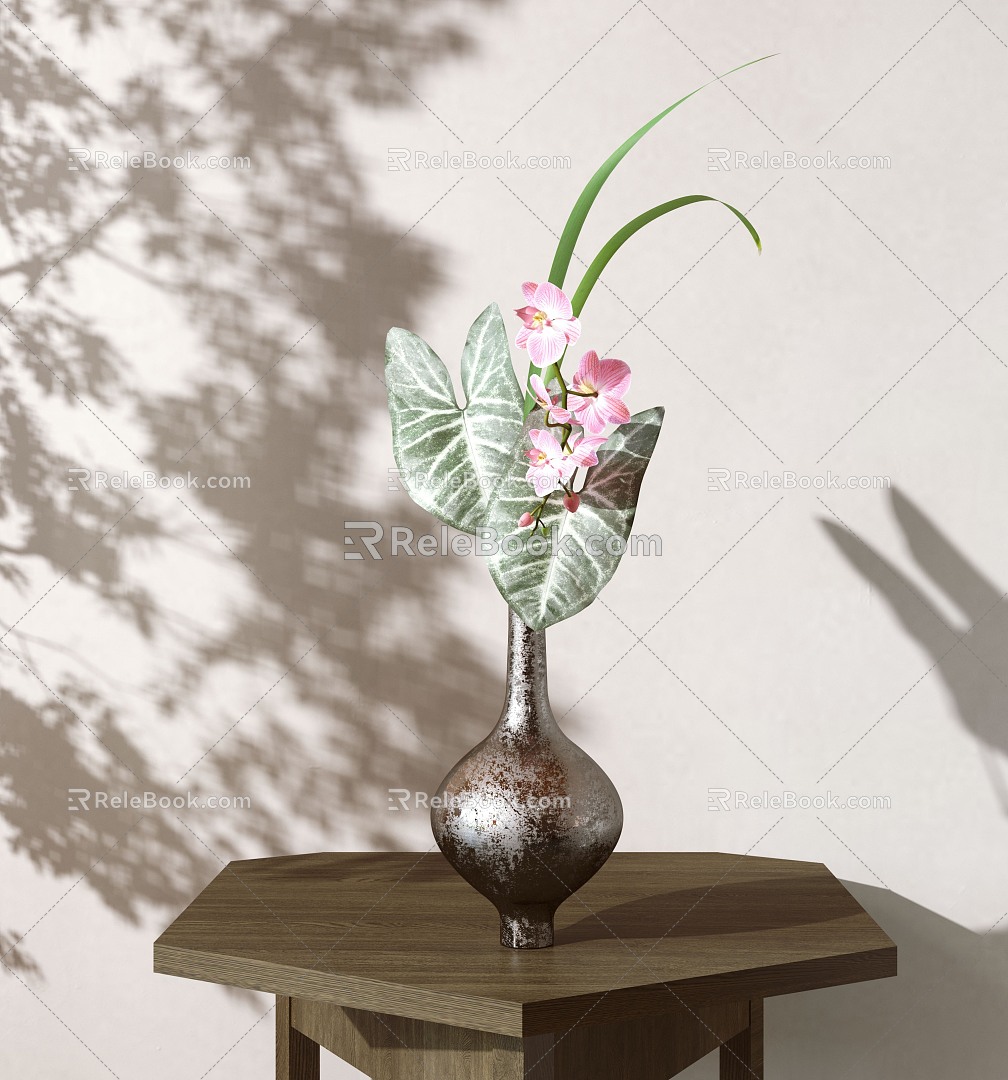 New Chinese-style Flower-arranging Vase Ornaments Japanese-style Flower-arranging Small Raw Porcelain Phalaenopsis Colorful Leaves Taro 3d model