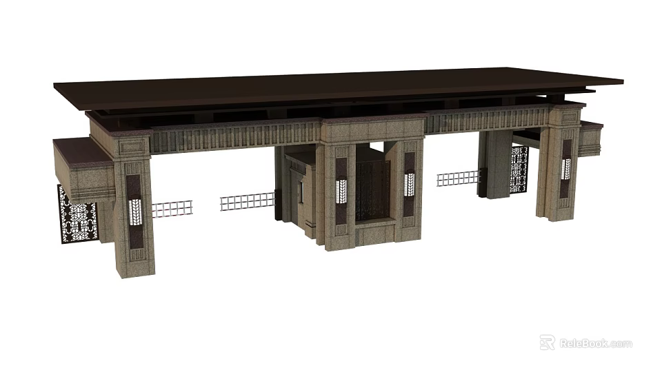 Classic Stone Entrance Gate Design Featuring Intricate Carvings Decorative Grilles And Pillars 3d model 