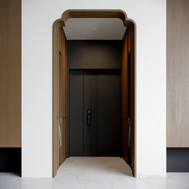 Modern Foyer Hallway With Wooden Trim Black Elevator Door And Light Colored Floor 3d model 
