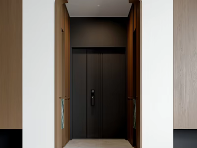 Modern Foyer Hallway With Wooden Trim Black Elevator Door And Light Colored Floor 3d model