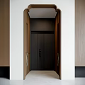 Modern Foyer Hallway With Wooden Trim Black Elevator Door And Light Colored Floor