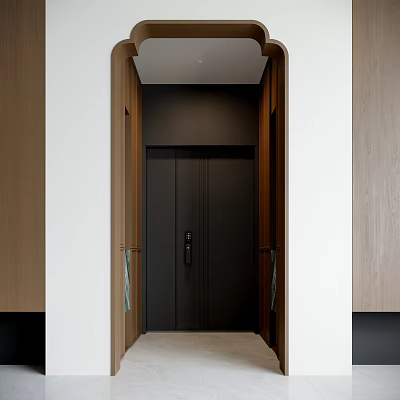 Modern Foyer Hallway With Wooden Trim Black Elevator Door And Light Colored Floor 3d model