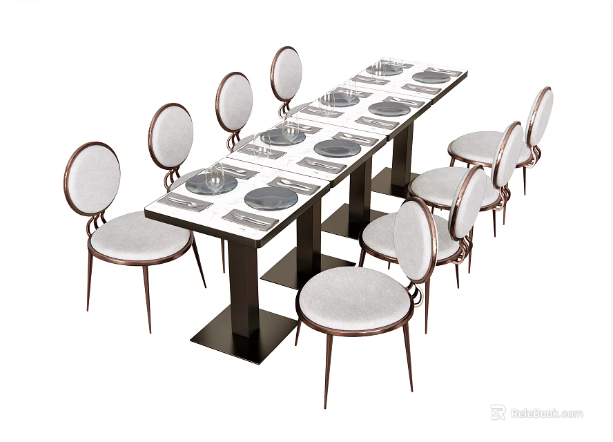 Modern Dining Table Set With Long Top And Light Colored Chairs Featuring Round Backrests 3d model