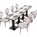 Modern Dining Table Set With Long Top And Light Colored Chairs Featuring Round Backrests 3d model