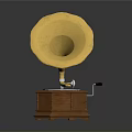 Vintage Gramophone With Golden Horn Wooden Base And Black Vinyl Record