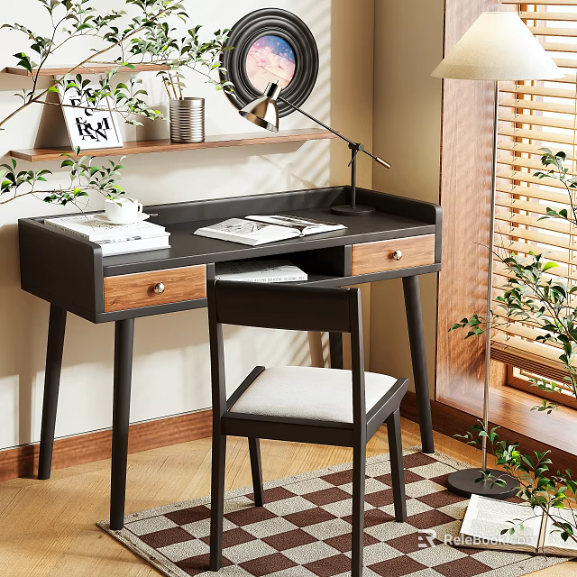 Modern Black Desk With Wooden Drawers Books Table Lamp White Cushioned Chair And Potted Plants 3d model 