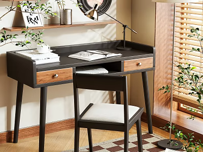 Modern Black Desk With Wooden Drawers Books Table Lamp White Cushioned Chair And Potted Plants 3d model