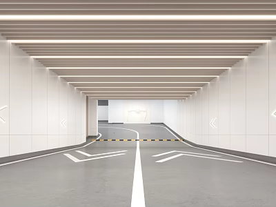 Spacious Bright Garage Interior With White Walls Gray Floor Directional Arrows And Ceiling Light Strips 3d model
