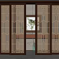 Sliding Doors In Dark Wood Frame With Golden Lattice Design And Green Plants In Interior