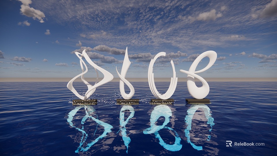 White Abstract Landscape Sculptures With Reflections On Calm Water Surface 3d model 