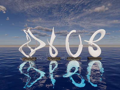 White Abstract Landscape Sculptures With Reflections On Calm Water Surface 3d model