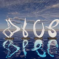 White Abstract Landscape Sculptures With Reflections On Calm Water Surface