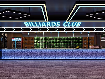 Billiard Club Interior Design With Neon Sign Bar Counter And Wine Shelves 3d model