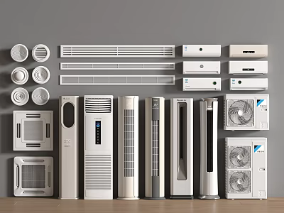Various Air Conditioners And Fans Including Wall Mounted Standing Window Units On 3d model