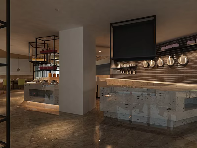 Modern Restaurant Interior With Marble Counter Circular Wall Lights And Open Layout 3d model
