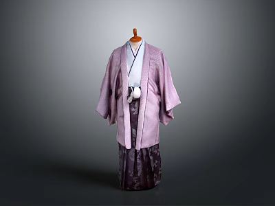 Elegant Purple Kimono With White Inner Layer And Dark Colored Hem On Wooden Hanger 3d model