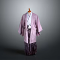 Elegant Purple Kimono With White Inner Layer And Dark Colored Hem On Wooden Hanger