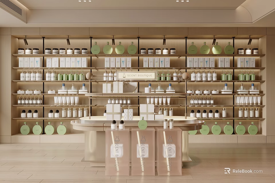Perfume Cosmetics Store Interior Featuring Shelves with Products Round Display Counter and Green Decor 3d model 