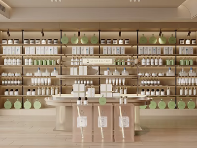 Perfume Cosmetics Store Interior Featuring Shelves with Products Round Display Counter and Green Decor 3d model
