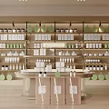 Perfume Cosmetics Store Interior Featuring Shelves with Products Round Display Counter and Green Decor