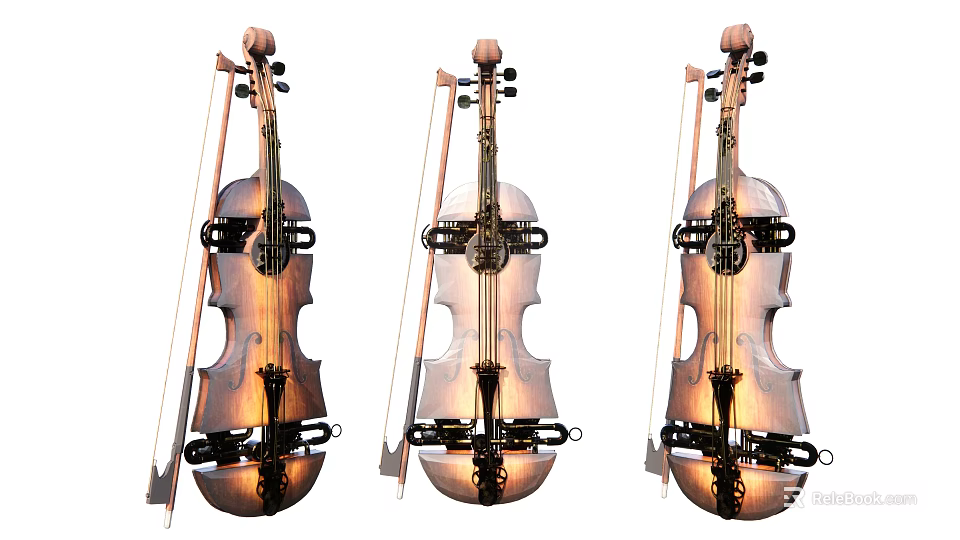 Musical Instruments Collection Featuring Three Classic Violins With Bows And Wooden Craftsmanship 3d model 