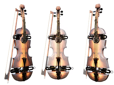 Musical Instruments Collection Featuring Three Classic Violins With Bows And Wooden Craftsmanship 3d model