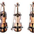 Musical Instruments Collection Featuring Three Classic Violins With Bows And Wooden Craftsmanship