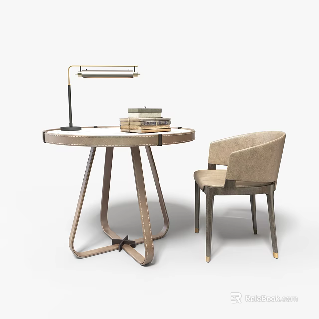Modern Stylish Table And Chair Set With Round Table Upholstered Chair Table Lamp And Stack Of Books 3d model 