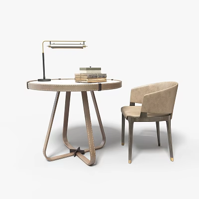 Modern Stylish Table And Chair Set With Round Table Upholstered Chair Table Lamp And Stack Of Books 3d model
