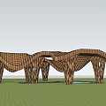 Wooden Pergola with Intricate Grid Design and Pool Below Connected Sections