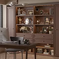 Wooden Bookcase With Decorative Items Books Photo Frames And Table Lamp Beside Desk