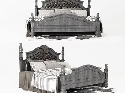 Classic Gray Double Bed With Carved Wooden Frame And Upholstered Headboard 3d model