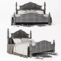 Classic Gray Double Bed With Carved Wooden Frame And Upholstered Headboard