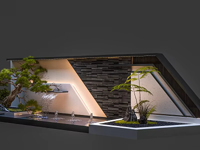 Modern Feature Wall With Stone Cladding Water Fountain Green Plants And Decorative Lighting 3d model