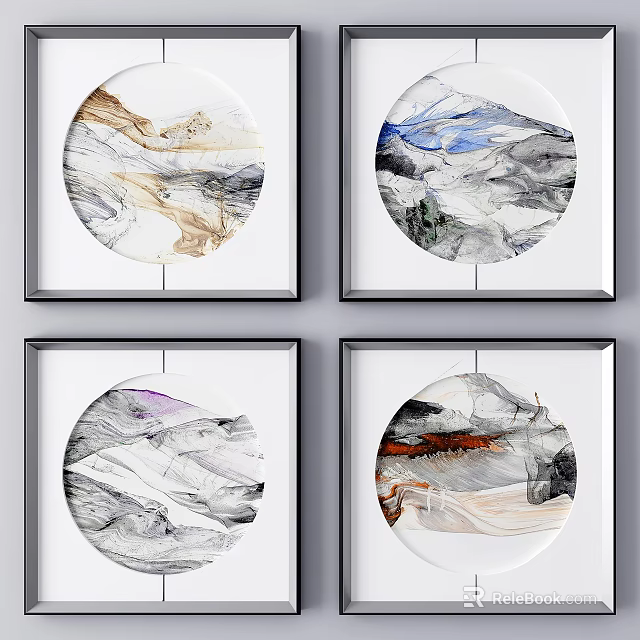 Four Abstract Round Canvas Wall Art With Square Frames And Colorful Patterns 3d model 