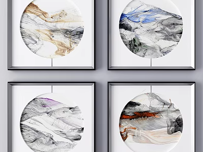Four Abstract Round Canvas Wall Art With Square Frames And Colorful Patterns 3d model