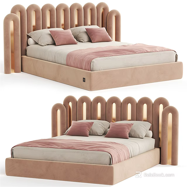 Elegant Modern Double Bed With Scalloped Beige Frame And Soft Pink Bedding 3d model 