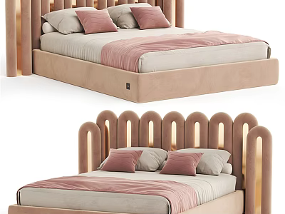Elegant Modern Double Bed With Scalloped Beige Frame And Soft Pink Bedding 3d model