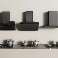 Modern Kitchen Appliances Setup With Various Range Hoods Cooktops And Pots 3d model