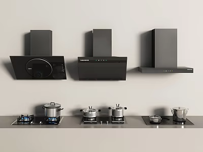 Modern Kitchen Appliances Setup With Various Range Hoods Cooktops And Pots 3d model