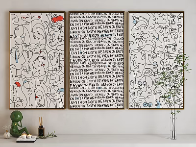Three Abstract Wall Paintings With Line Art Text Elements And Color Accents For Interior Decor 3d model