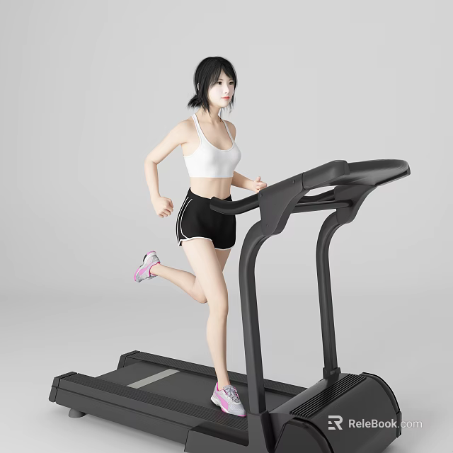 A Woman Running On Treadmill Wearing White Sports Bra Black Shorts And Pink Sneakers 3d model 
