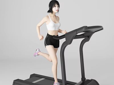 A Woman Running On Treadmill Wearing White Sports Bra Black Shorts And Pink Sneakers 3d model