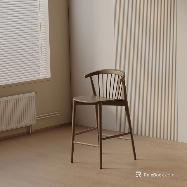 Modern Minimalist Wooden Bar Stool with Backrest Vertical Striped Wall Window Blinds and Wooden Floor 3d model 