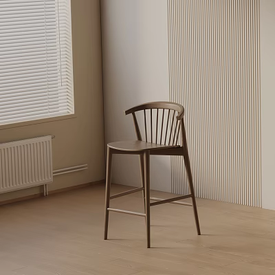 Modern Minimalist Wooden Bar Stool with Backrest Vertical Striped Wall Window Blinds and Wooden Floor 3d model